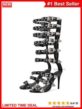 Knee High Gladiator Sandals Studded Open Toe Stiletto Heel Zip Up